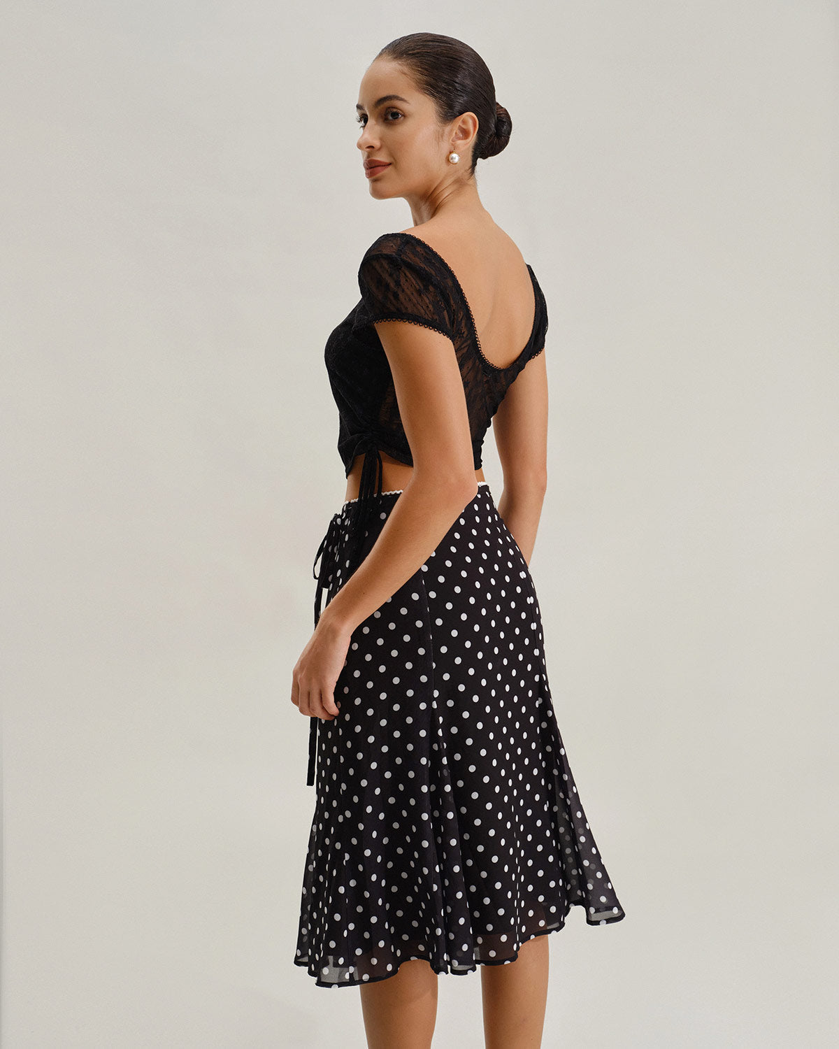 Siyah Polka Dot Denizkızı Midi Etek