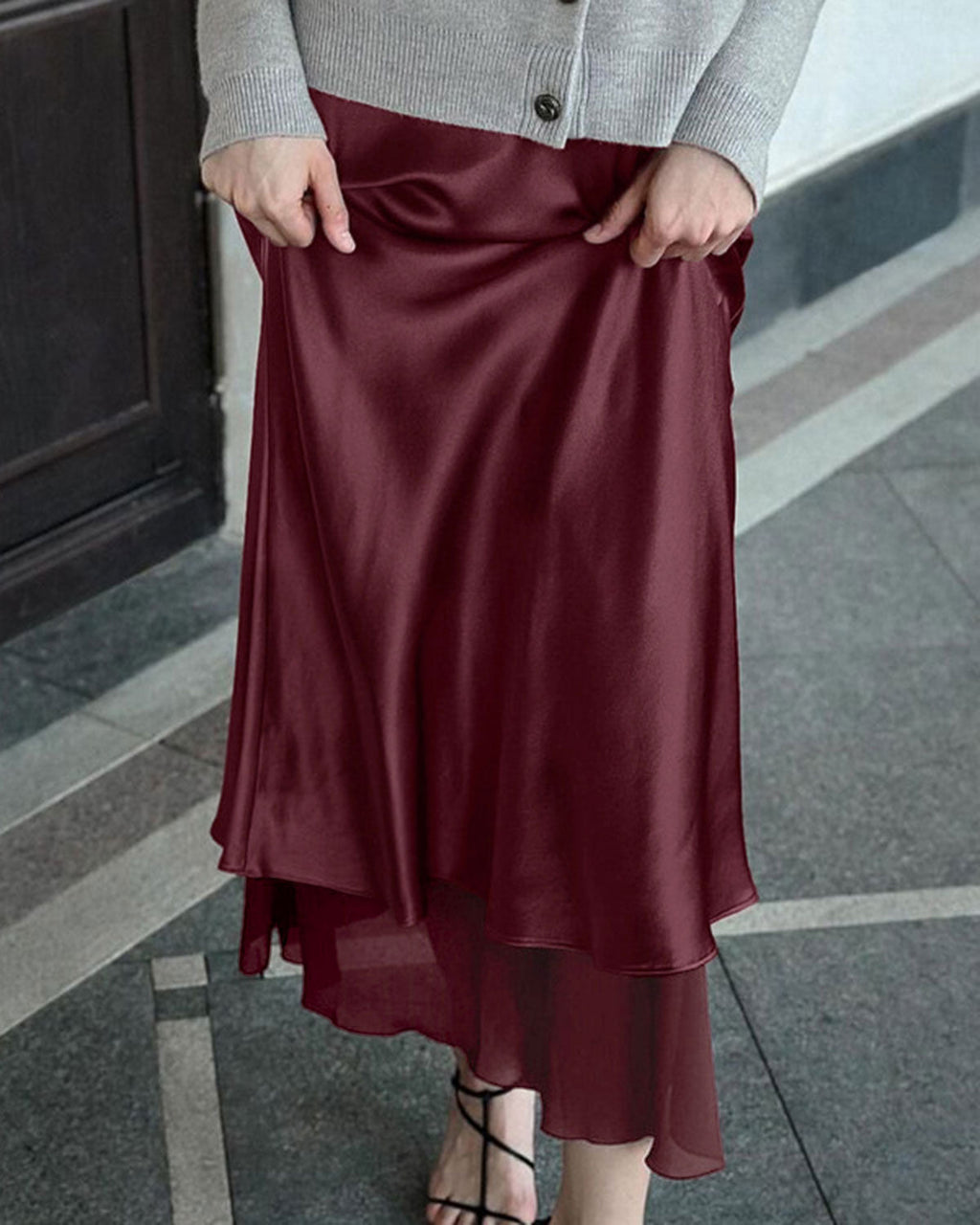 Şarap Kırmızısı Flare Midi Etek