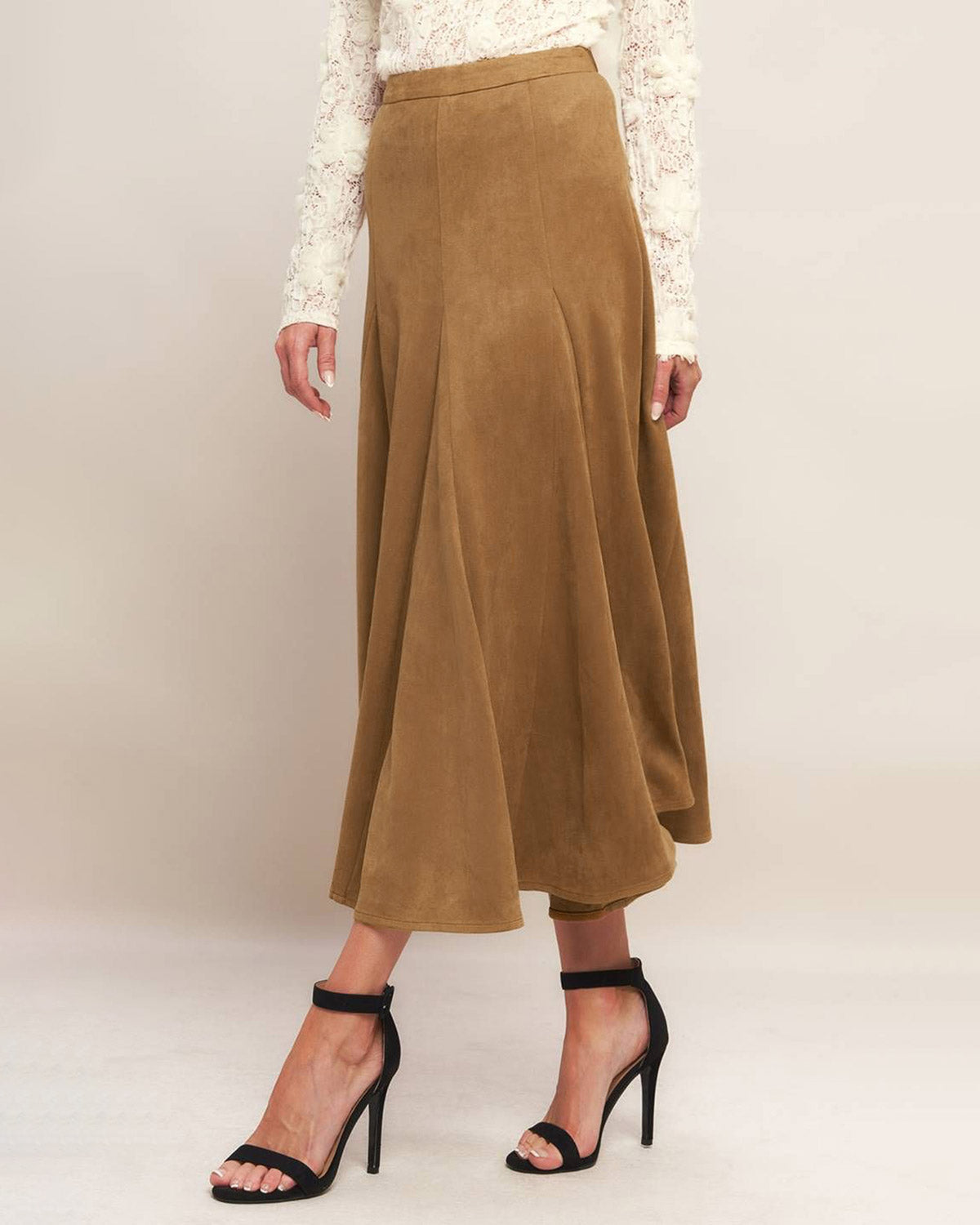 Kahverengi Doğal Bel A-Line Midi Etek