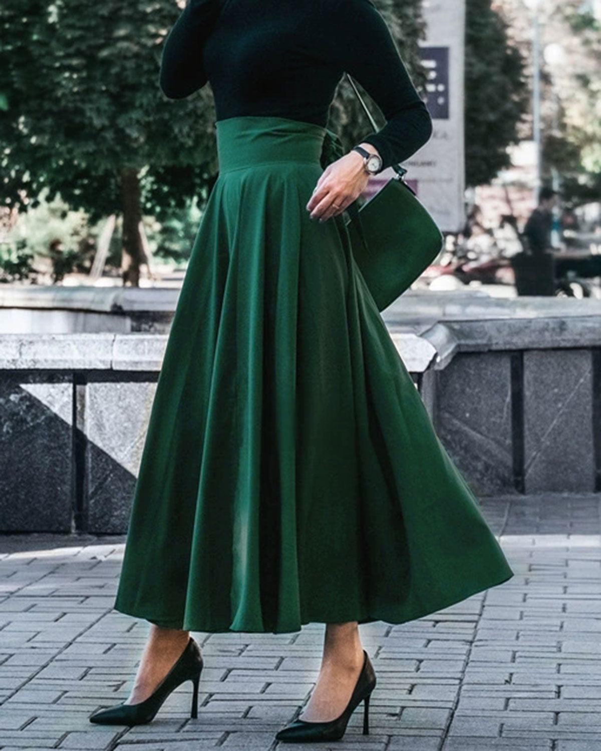 Yeşil Yüksek Bel Geniş Etek