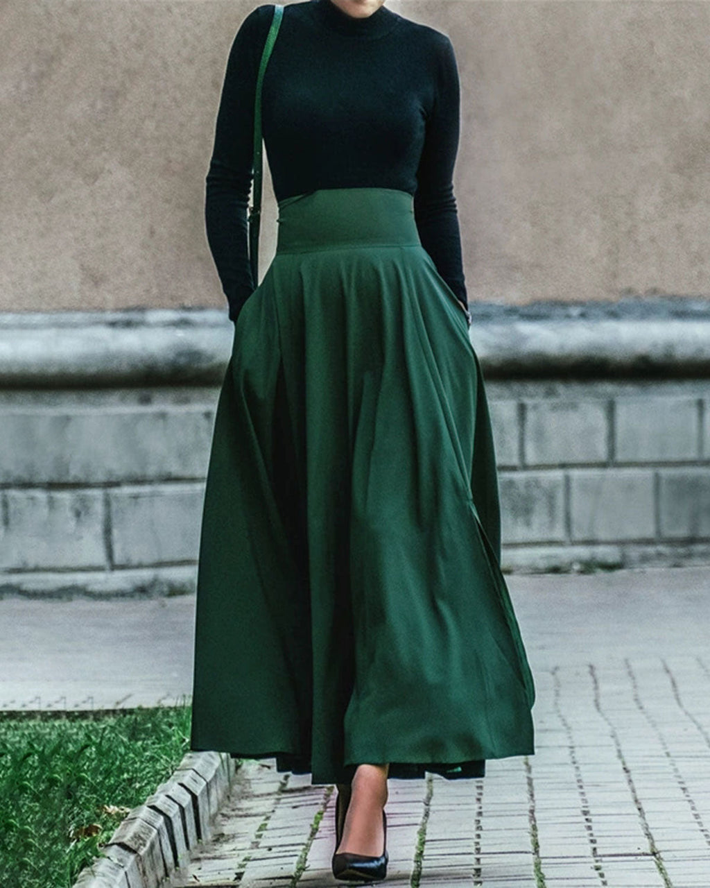 Yeşil Yüksek Bel Geniş Etek