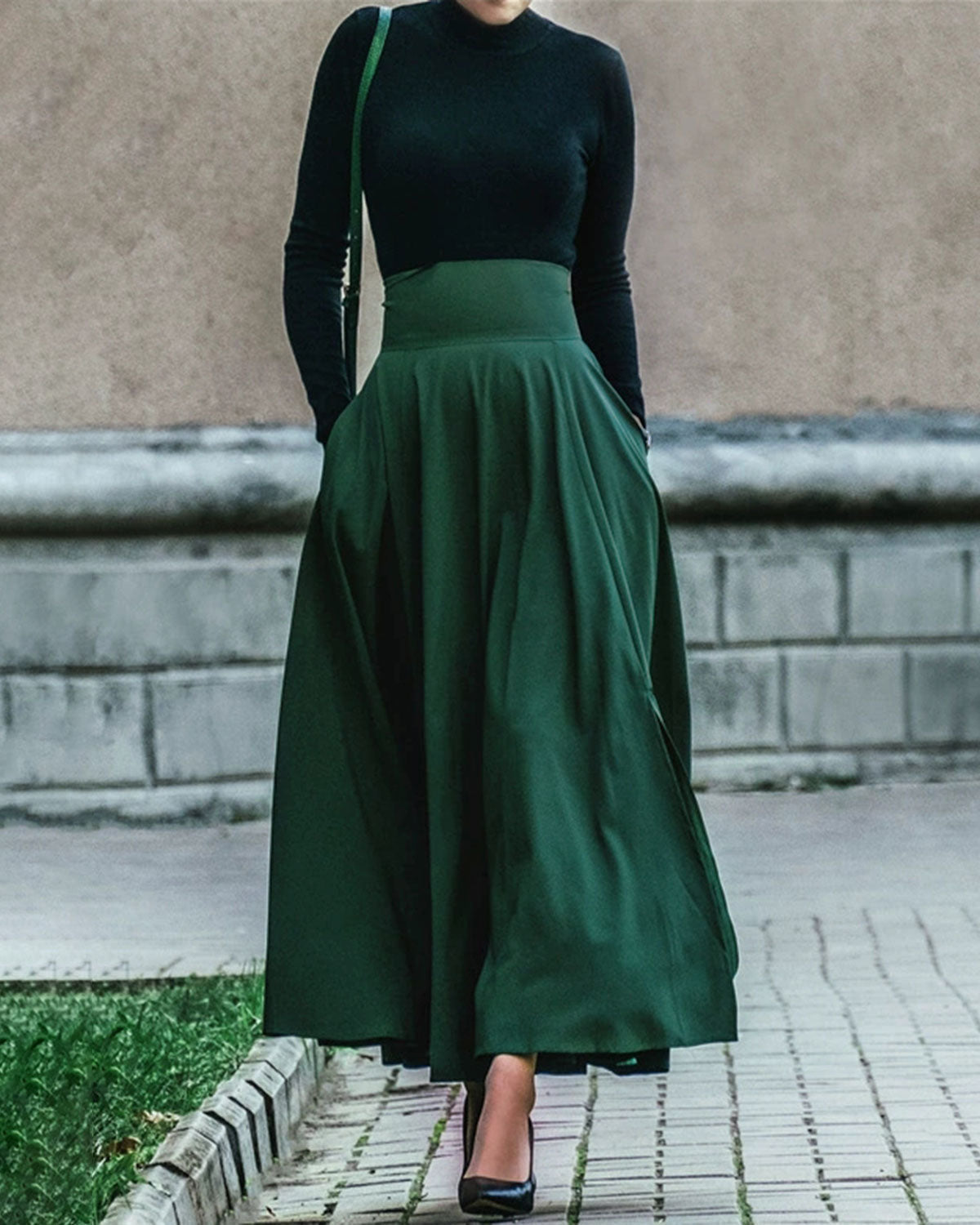 Yeşil Yüksek Bel Geniş Etek