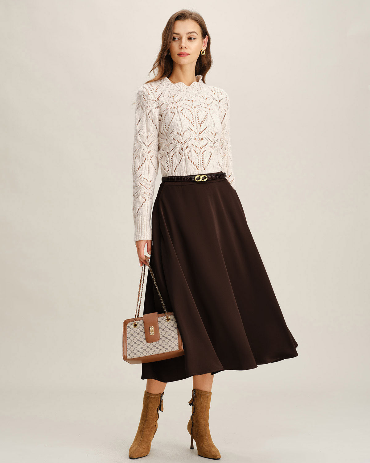 Kahverengi A-Line Pileli Midi Etek