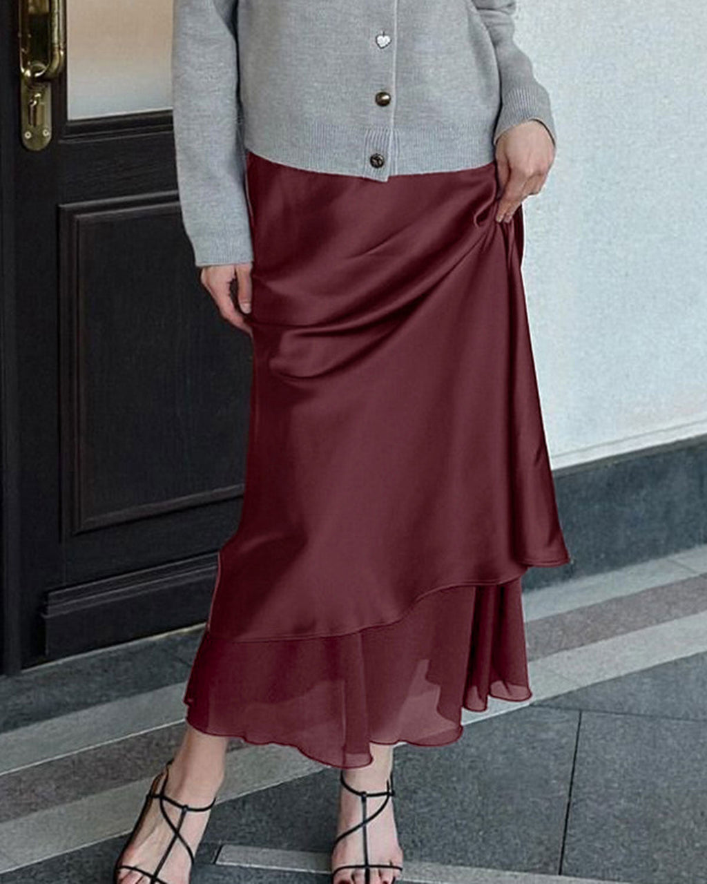 Şarap Kırmızısı Flare Midi Etek