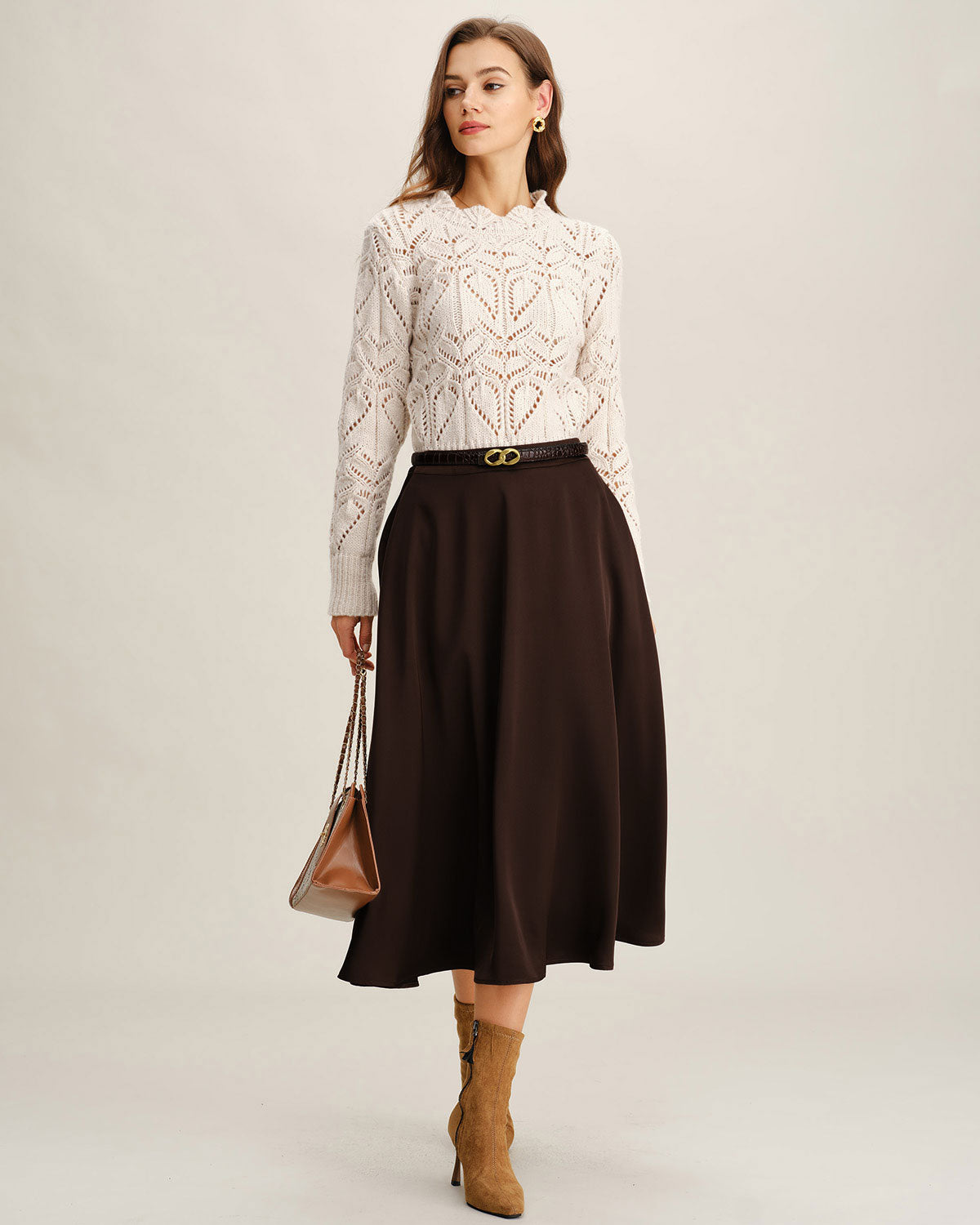 Kahverengi A-Line Pileli Midi Etek