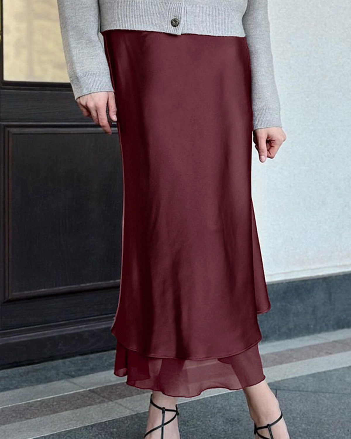 Şarap Kırmızısı Flare Midi Etek