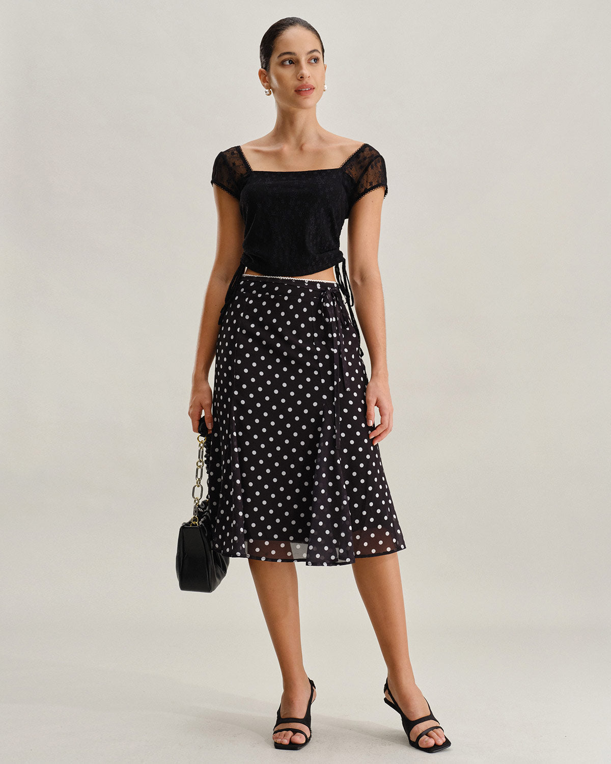Siyah Polka Dot Denizkızı Midi Etek