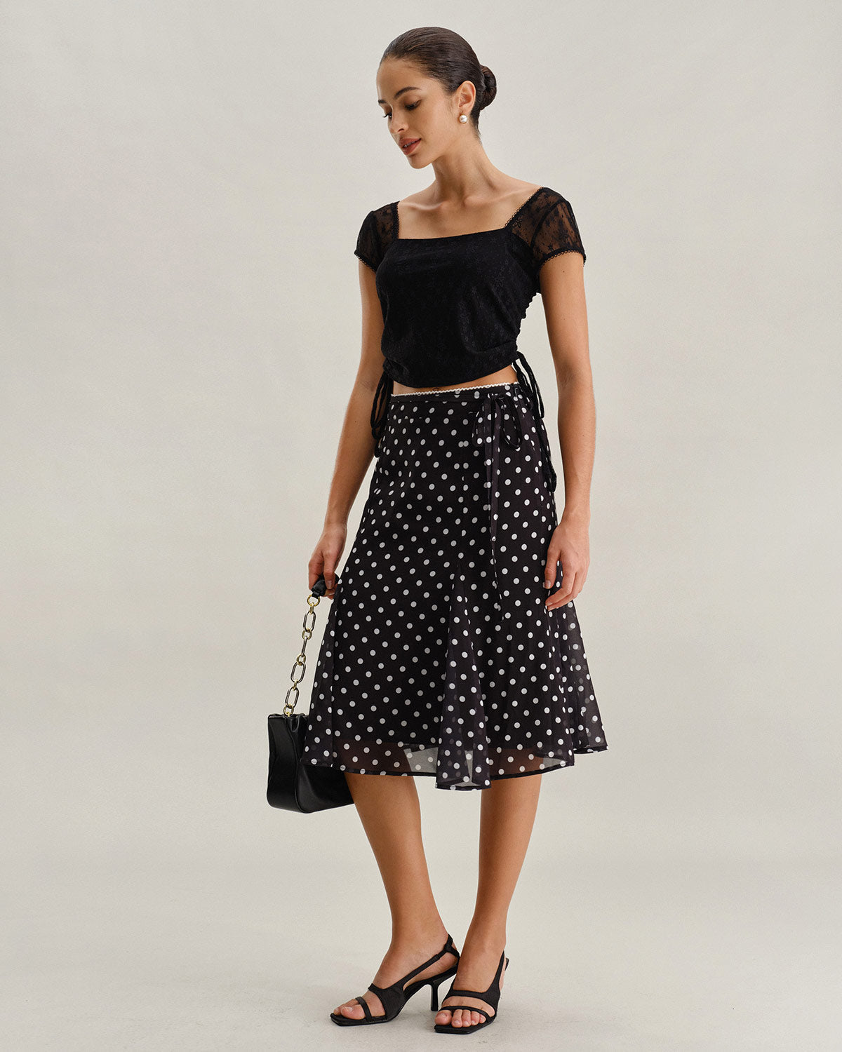 Siyah Polka Dot Denizkızı Midi Etek