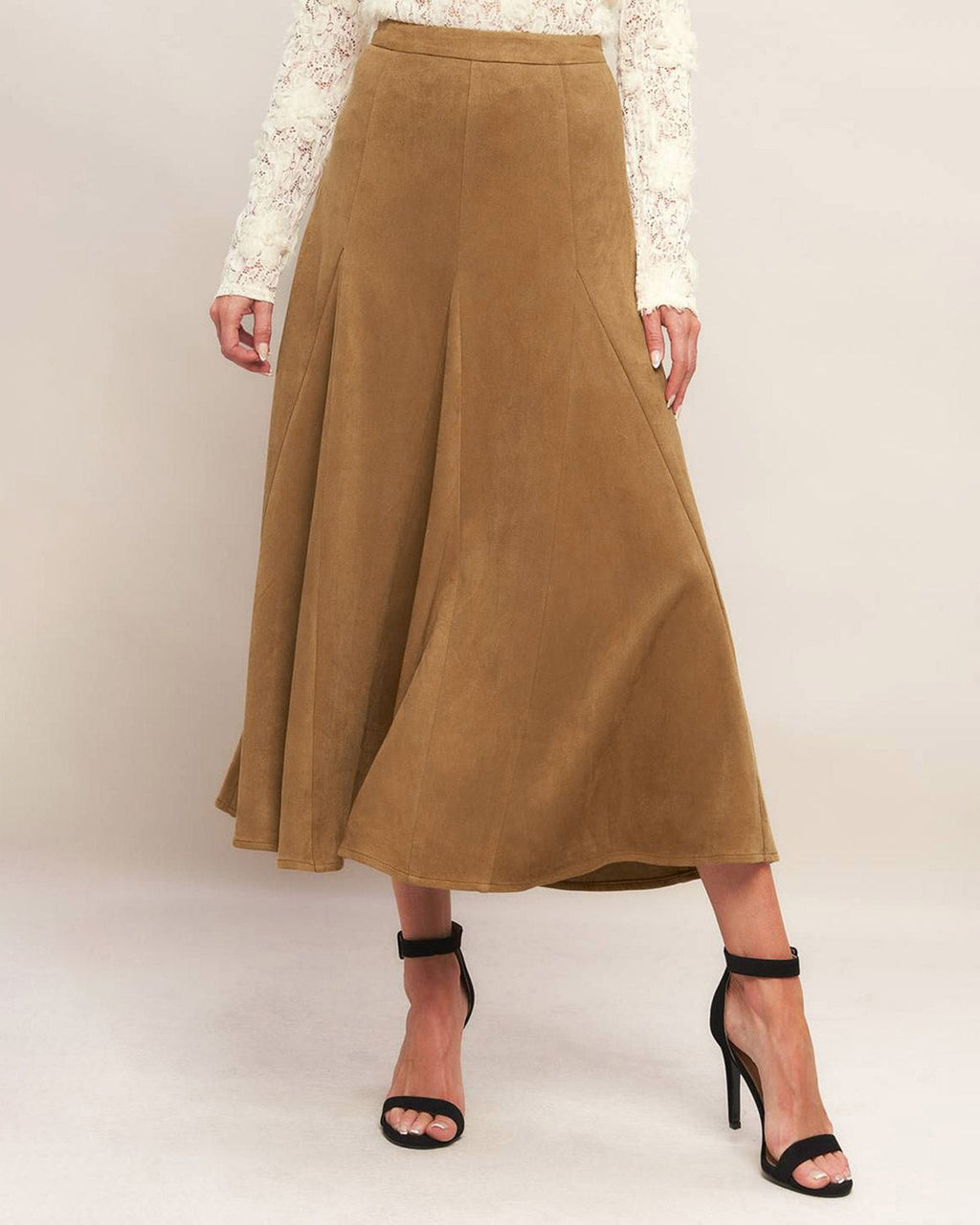 Kahverengi Doğal Bel A-Line Midi Etek