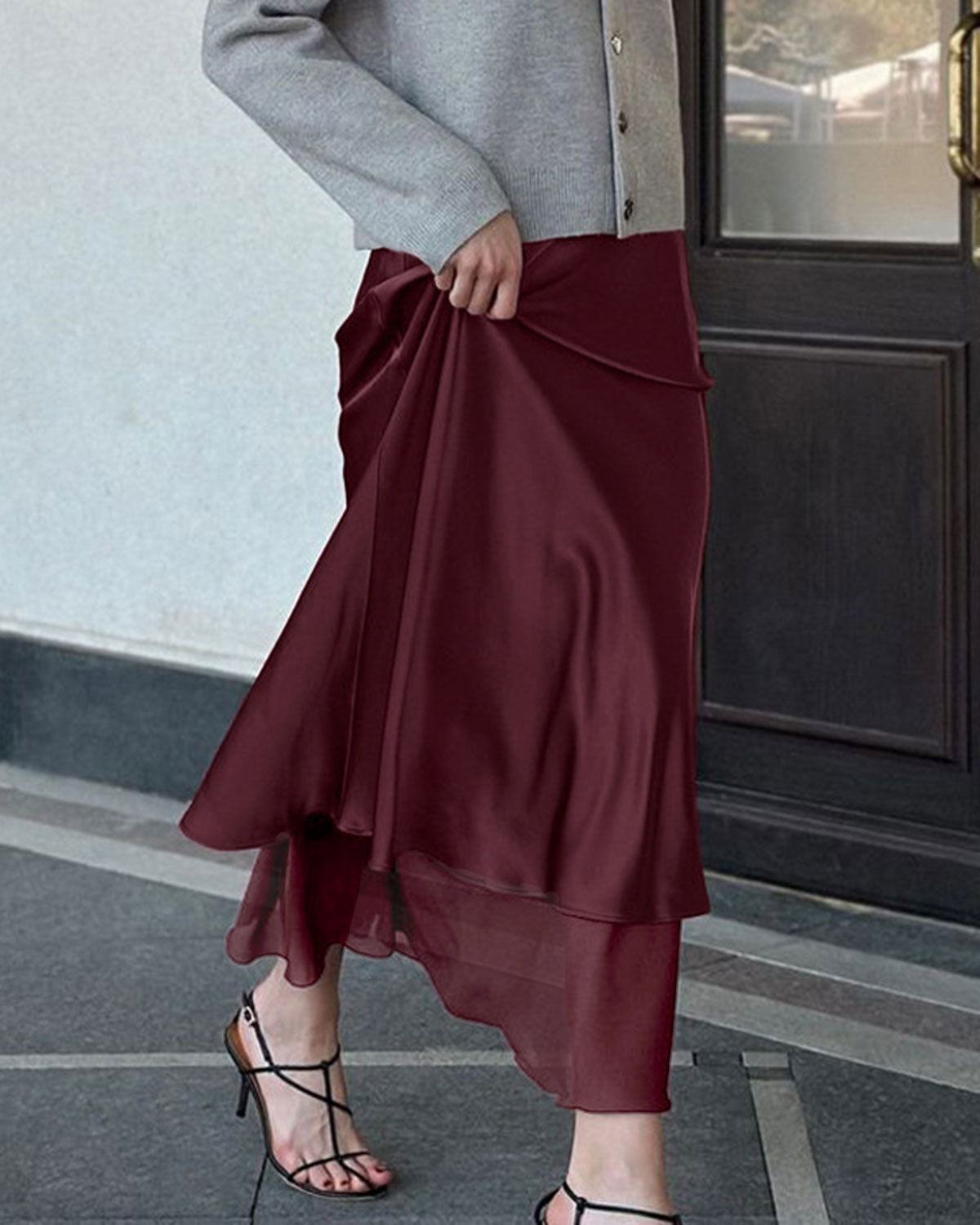 Şarap Kırmızısı Flare Midi Etek