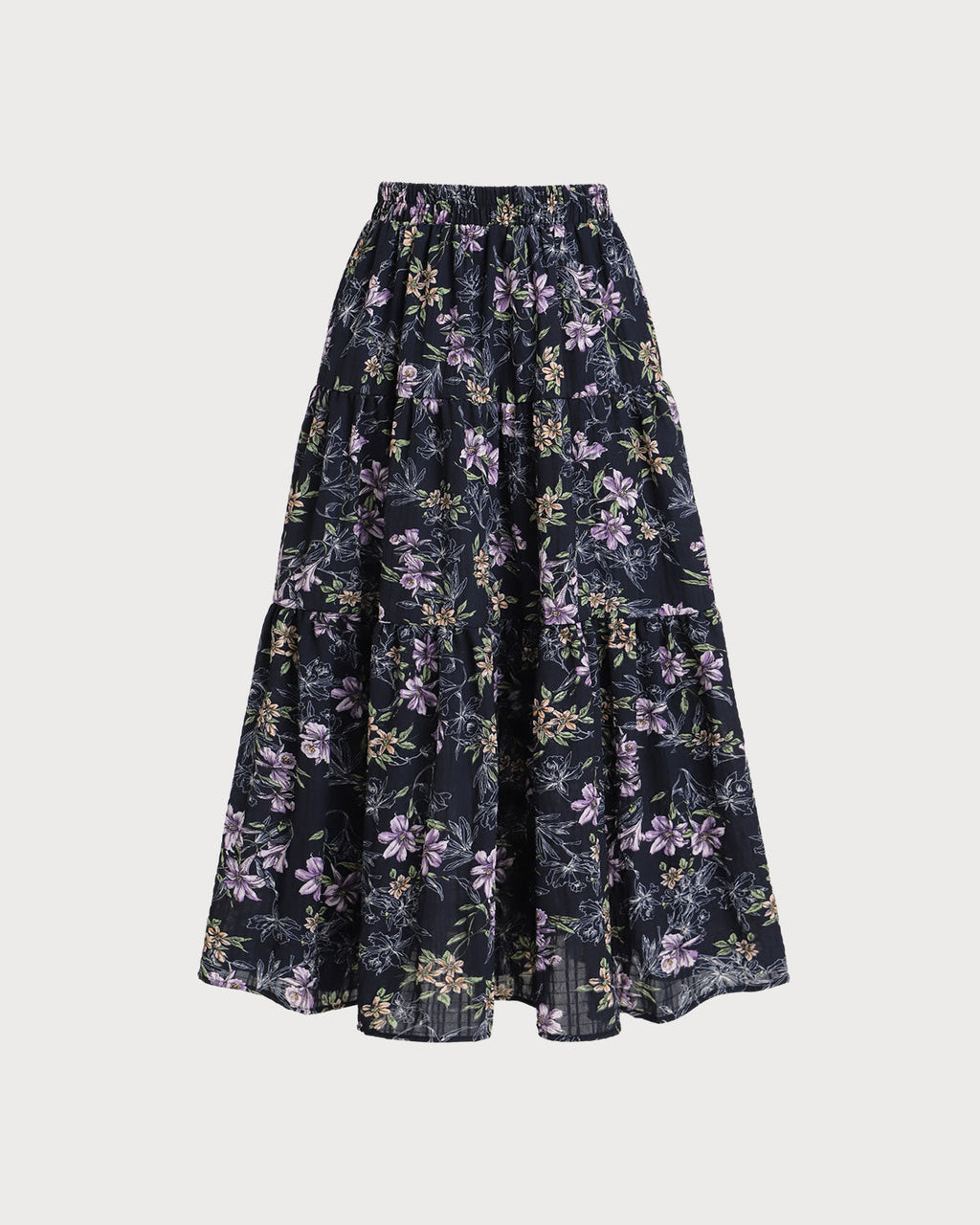 Siyah Çiçekli Beli Lastikli Midi Etek