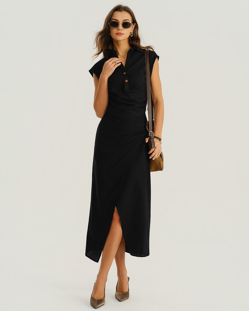 Siyah Doğal Bel Yırtmaçlı Midi Etek