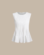 Beyaz Yuvarlak Yaka Pileli Tank Top
