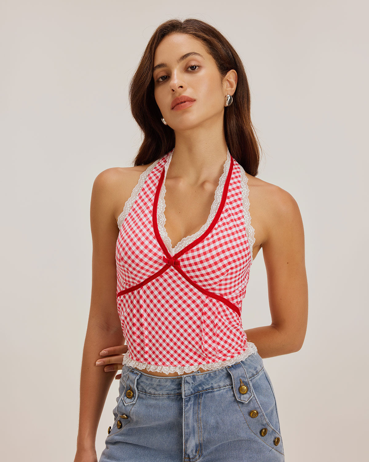 Kırmızı Kareli Askılı Tank Top